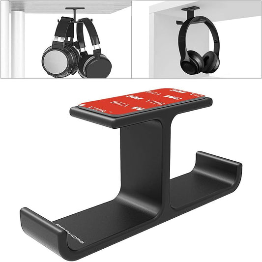 Dual Headphone Hanger Stand for Under Desk - Aluminum Adhesive and Screw Mount, Space-Saving PC Gaming Accessory for All Headphones, Black